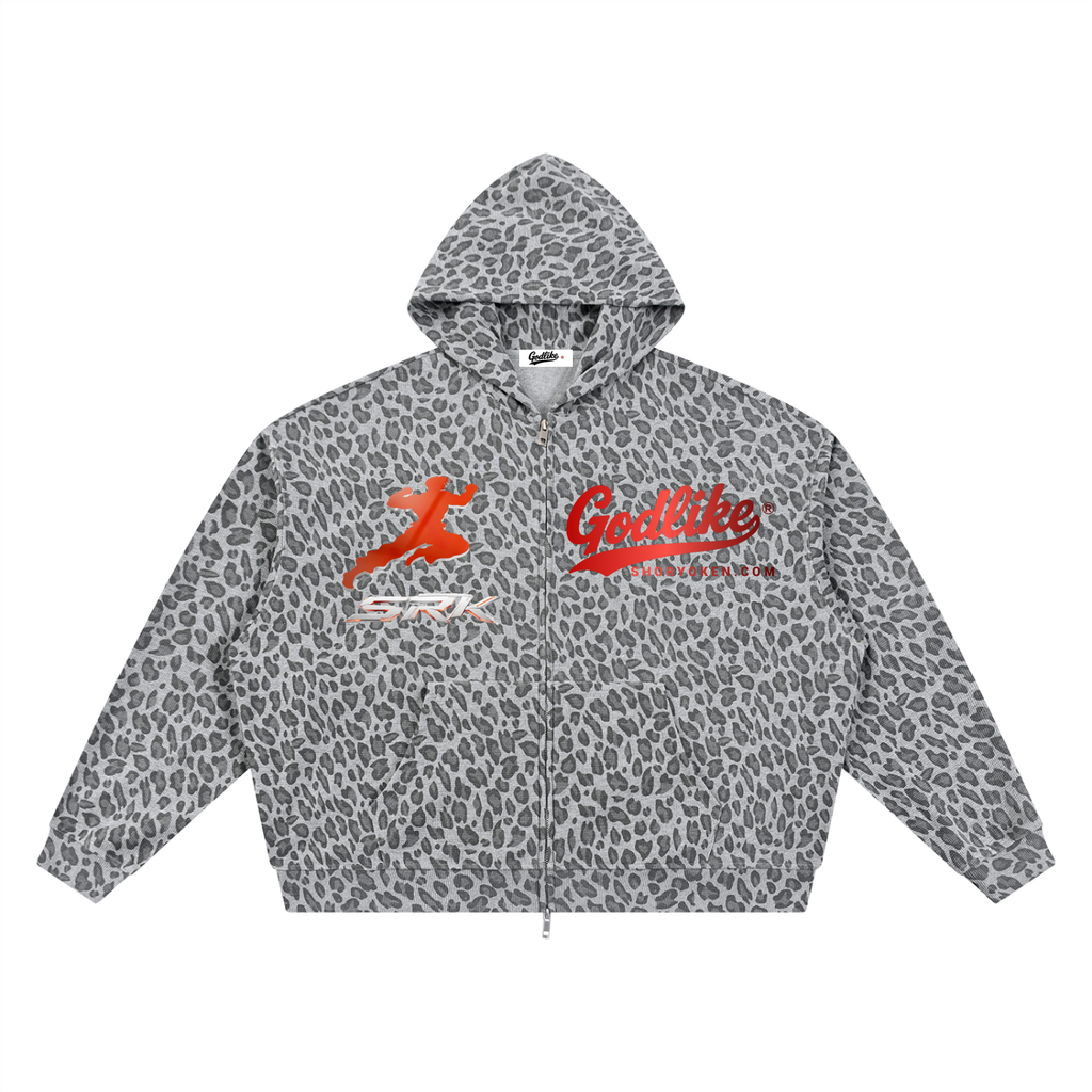 SRK X GTA X GLA Unisex Leopard Print Waffle Full Zip Hoodie