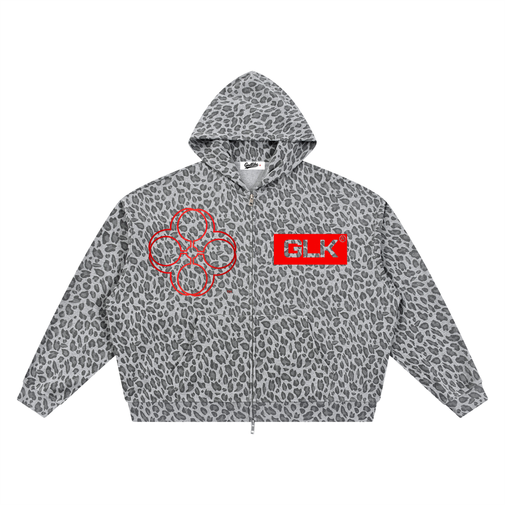 GLK Unisex Leopard Print Waffle Full Zip Hoodie